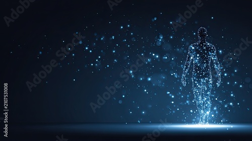 Blue particle wireframe digital human silhouette, virtual human hologram mesh figure, abstract tech backdrop for AI metaverse biotechnology presentation