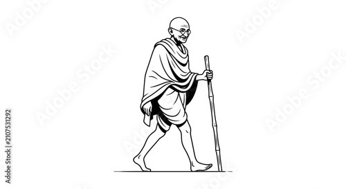 A black and white line art illustration of Mahatma Gandhi walking with a wooden staff.