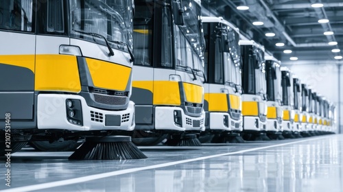 Row of white and yellow street cleaning trucks lined up in a factory