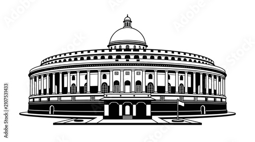 A detailed black and white line art illustration of the Indian Parliament House building.