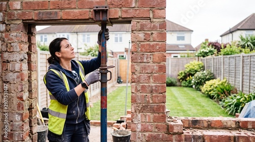 Obraz na płótnie Female builder adjusting a steel support prop during brick wall renovation.