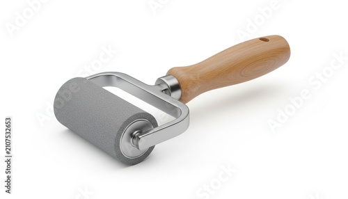 A rubber roller tool with a wooden handle on a white background.