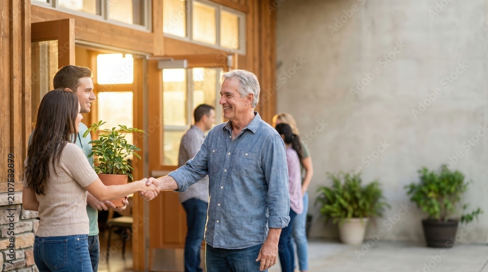Fototapeta premium Senior Man Welcoming New Residents on Senior Citizen Day