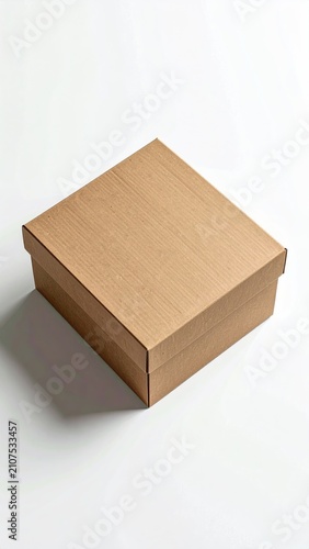 A simple, closed cardboard box sits on a clean white surface