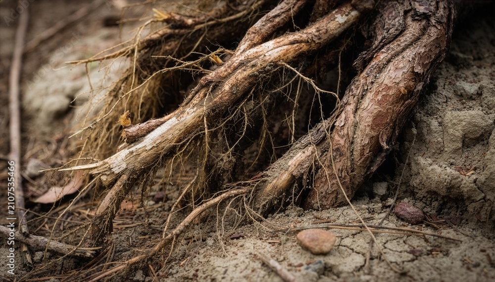 Fototapeta premium Close-up of exposed tree roots after deforestation. suitable for forest conservation campaigns, anti-illegal logging posters, or environmental educational materials.