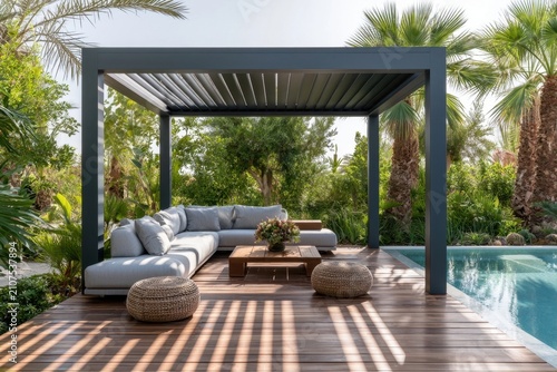 Stylish outdoor living area with dark gray pergola over a light gray sectional sofa and wooden coffee table beside a pool