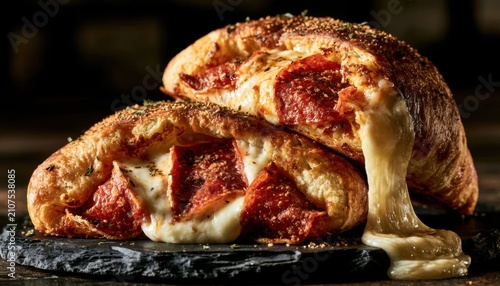 Stuffed pepperoni calzone split in half showing melted cheese on dark surface