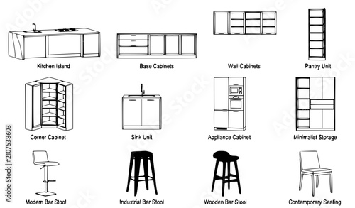 Photos Architectural Kitchen Furniture Elevation EPS Vector Set