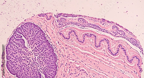 Microscopic view of biological tissue showing purple stained cell structures and layered membranes in a laboratory pathology slide sample