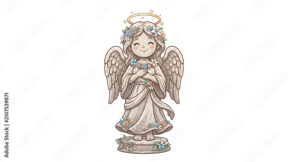 Obraz premium Friendly Cemetery Angel Statue Character with Folded Wings, Halo and Floral Decorations Halloween Cartoon Vector
