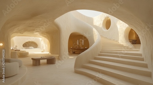 Desert cave hotel interior; spiral staircase, sunlight, luxury