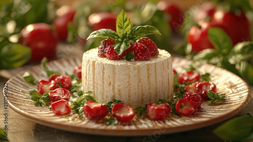 Creamy cheese dessert, strawberries, basil, sunlight, garden