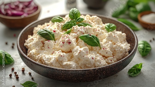 Creamy cheese dish, basil garnish, kitchen setting, recipe