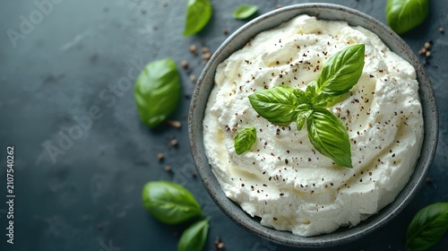 Creamy dip, basil, pepper, bowl, dark background, food photography