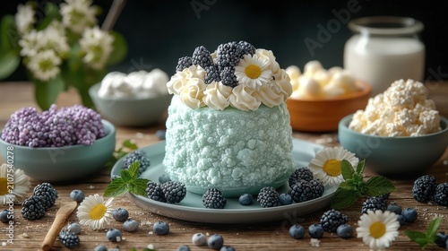 Teal dessert, floral garnish, rustic table, dairy ingredients, food photography
