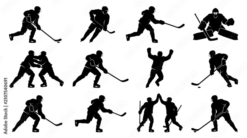 Naklejka premium Ice Hockey Player Action Silhouettes Vector Set