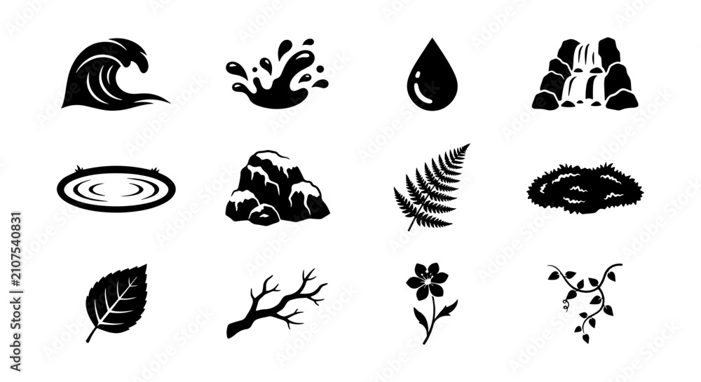 Obraz premium Nature Elements Icons, Water, Rocks, Plants, Vector Set for Eco Design