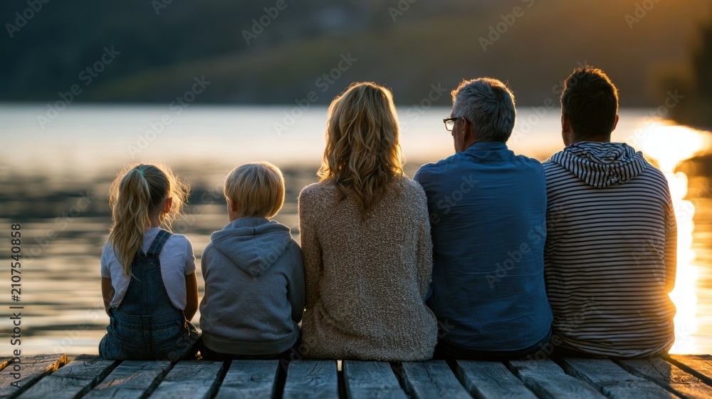 Fototapeta premium Family of five sitting together on a wooden dock overlooking a calm lake at sunset