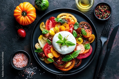 Top down flat lay of burrata salad with heirloom tomatoes on black plate