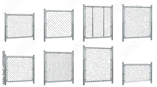 Quadro su tela Industrial chain link fence vector set, metallic wire mesh security fencing coll
