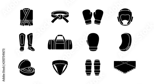 Martial Arts Gear Icons, Combat Sports Equipment Set, Boxing Gloves, Karate Gi, Training Accessories