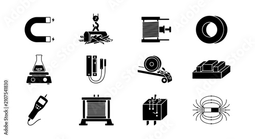 Fotografie Magnetism Science Icons, Physics Equipment Set, Electromagnetic Devices Vector C