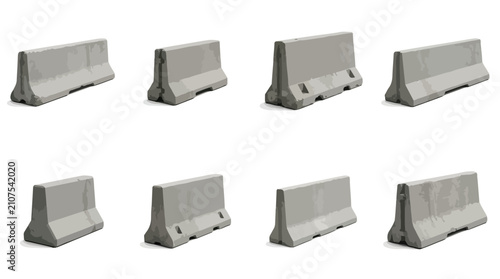 Tableau sur toile Concrete jersey barrier vector set, industrial road safety blocks in 8 different