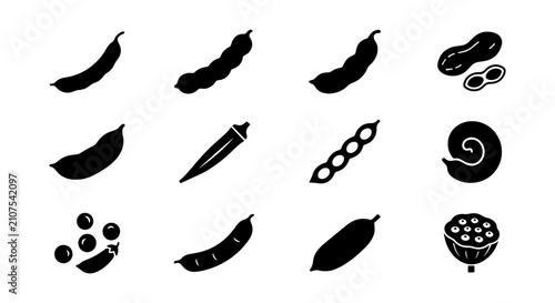 Diverse Legume and Vegetable Icons, Black Silhouette Collection, Healthy Food Graphics