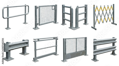 Photos Industrial metal safety barriers and steel guardrails set, 8 realistic 3D vector