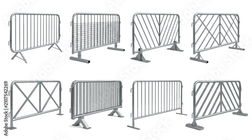 Canvastavla Metal crowd control barriers set, portable steel security fence icons, industria