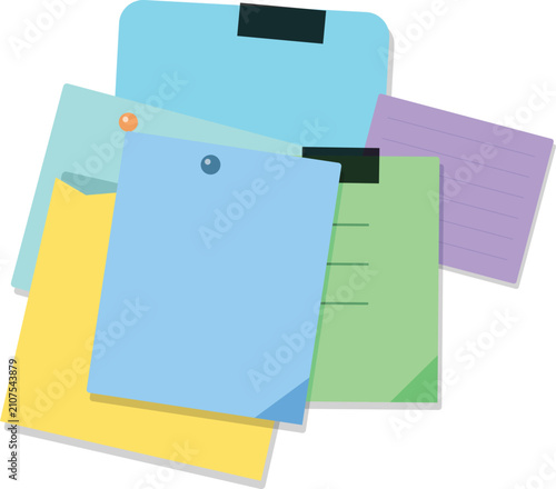 Colorful sticky notes and paper sheets with pins and tape, perfect for reminders and organization