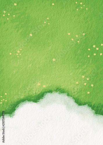 Canvastavla Calming Green Nature Watercolor Background with Soft Clouds, Natural Floral Field for outdoor landscape, wellness, farm, organic lifestyle and agriculture