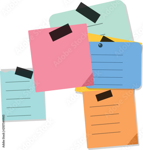 Multiple blank colorful sticky notes, taped and pinned, providing a vibrant backdrop for reminders and task organization