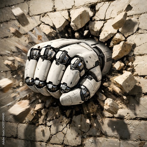 
White Robotic Hand Punching Through Cracked Brick Wall, Futuristic 3D Render with Flying Debris
