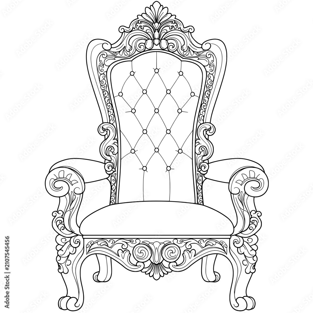 Obraz premium Ornate throne illustration; high-backed chair with tufted seat and decorative, swirling trim