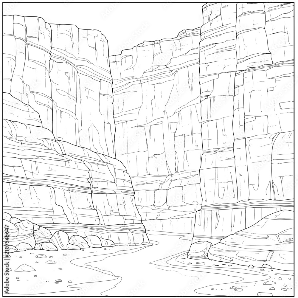 Fototapeta premium Canyon Walls Detailed rock layers form the sides of a deep, textured canyon in line art