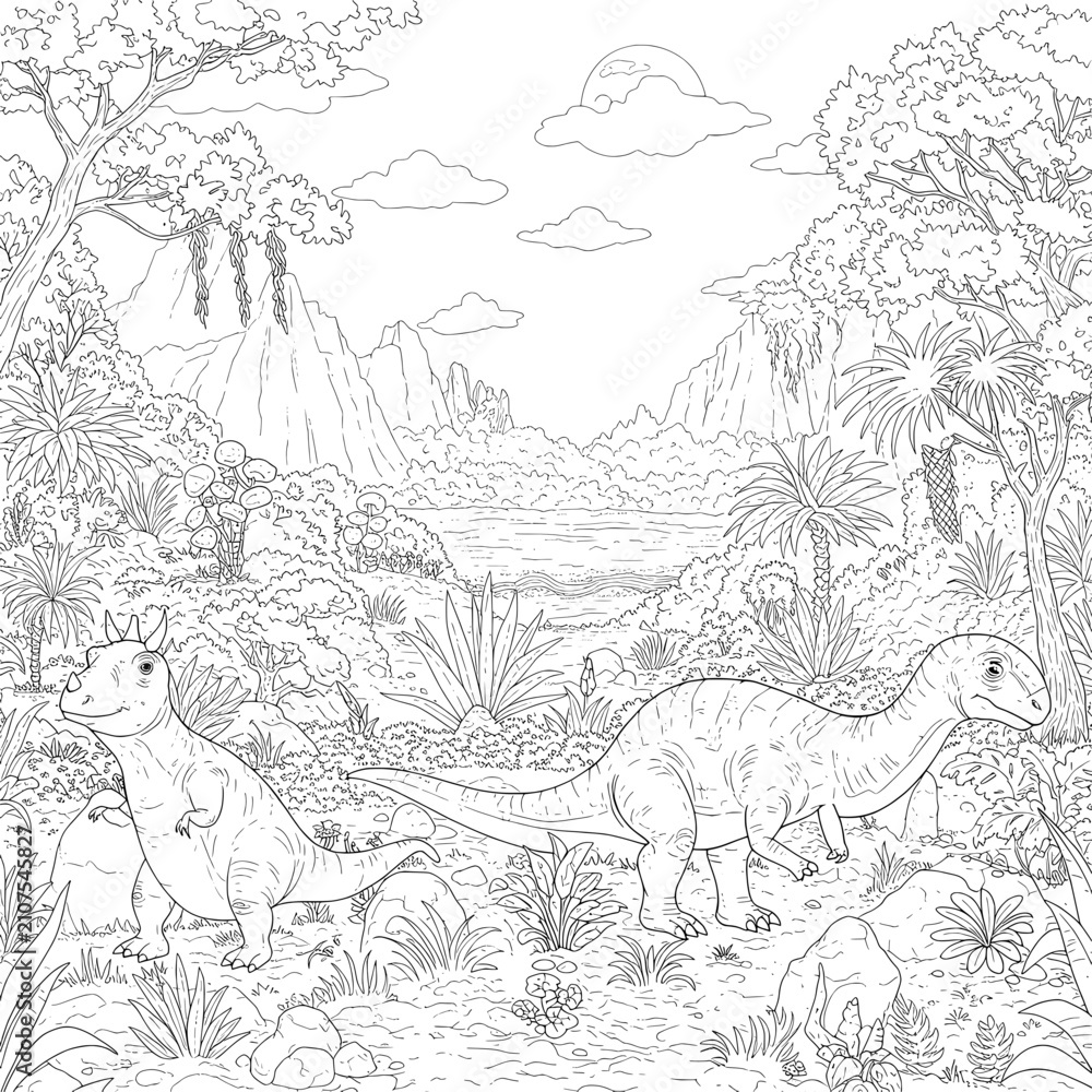 Fototapeta premium Prehistoric landscape with towering trees and dinosaur outlines