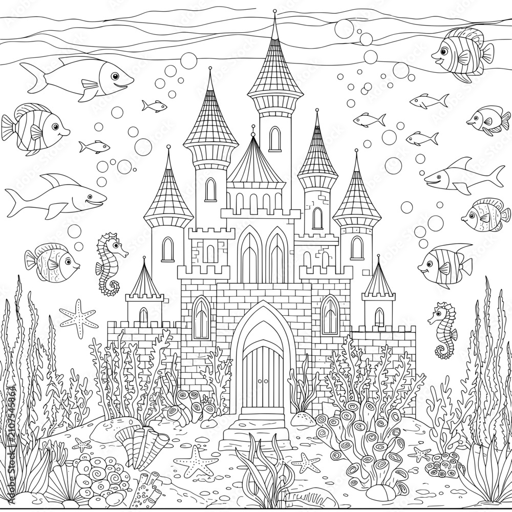 Fototapeta premium Underwater kingdom with castle, fish, seahorse, starfish, bubbles, & ocean in a black & white drawing
