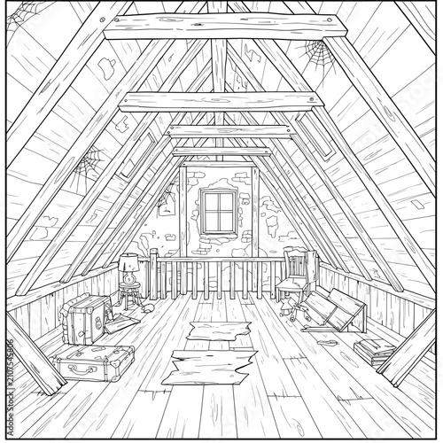 Old attic with wooden beams, a window, & cobwebs. It has aged brick wall and furniture