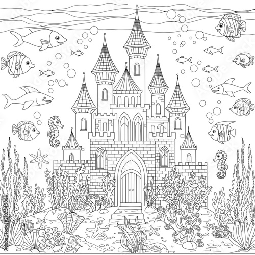 Underwater kingdom with castle, fish, seahorse, starfish, bubbles, & ocean in a black & white drawing