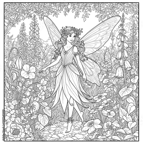 Enchanted fairy with wings in the flower garden, whimsical design for coloring, fantasy art