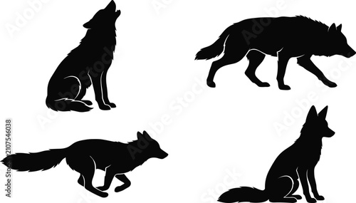 Obraz na plátně Wild wolves and foxes black silhouette vector collection featuring howling wolf predator stalking timberwolf running fox and alert sitting canine isolated on white background
