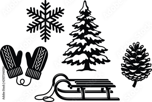 Foto Winter season and Christmas holiday black silhouette vector elements set featuring a detailed snowflake, snowy pine tree, warm knit mittens, wooden sled, and a pinecone