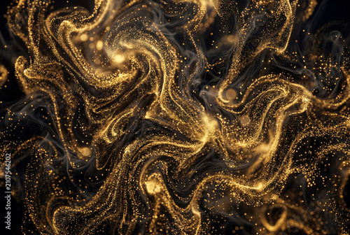 Abstract glowing gold dust and smoke swirling on black background