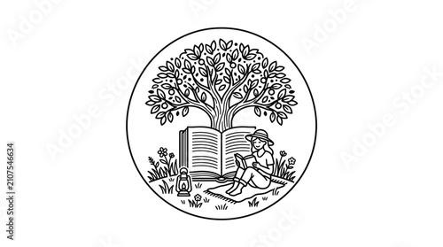 Bild auf Leinwand Elegant Black and White Line Drawing of Woman Reading Under a Tree with an Open