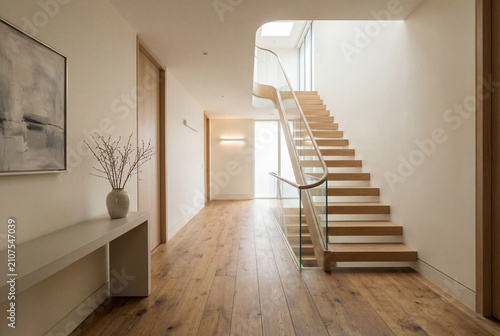 Modern hallway interior with wooden floor and staircase with glass railing