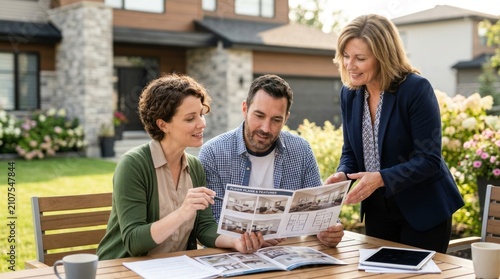 A woman, a man, and a realtor are looking at a floor plan and brochures outdoors.