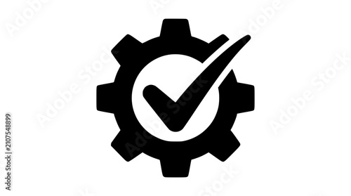  A mechanical gear wheel marked with a bold checkmark tick, representing system optimization, verified configuration, and completed setup process