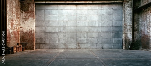 Weathered concrete wall in an abandoned industrial warehouse with exposed brick and concrete floor