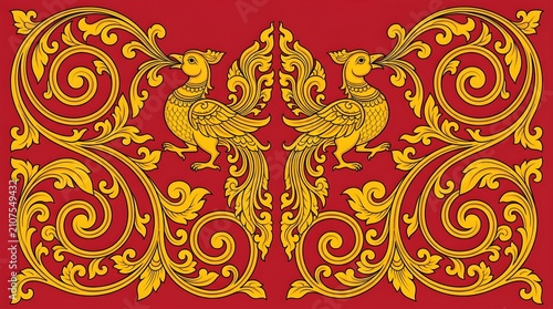 Traditional Golden Mythical Bird Floral Motif on Red